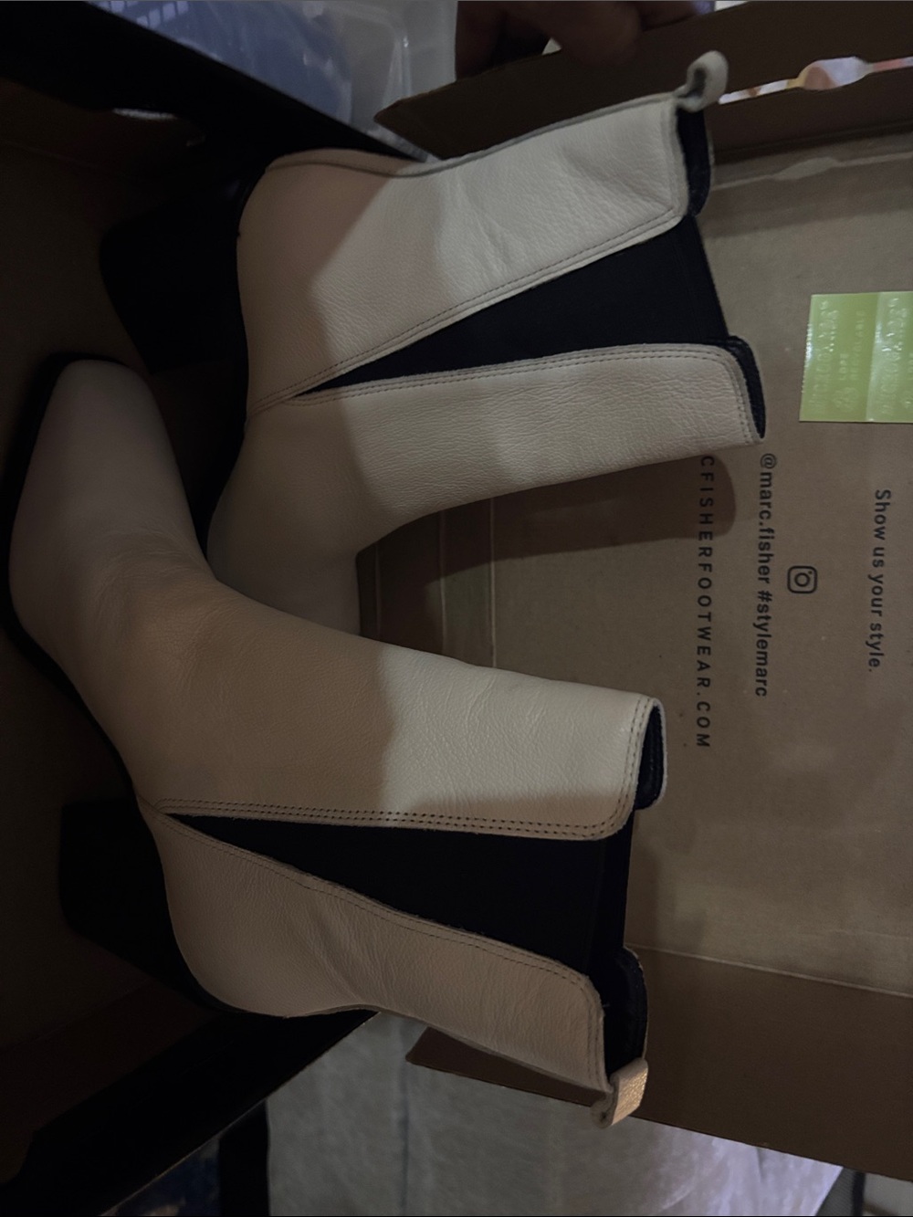 Marc Fisher Cream + Black Leather Chelsea Block Heel Booties